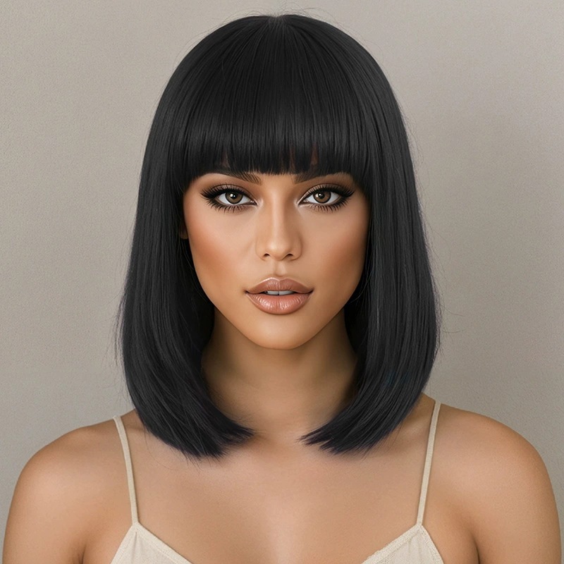 Wig rambut pendek lurus hitam  - Wig Fiber Net ulasan dan harga